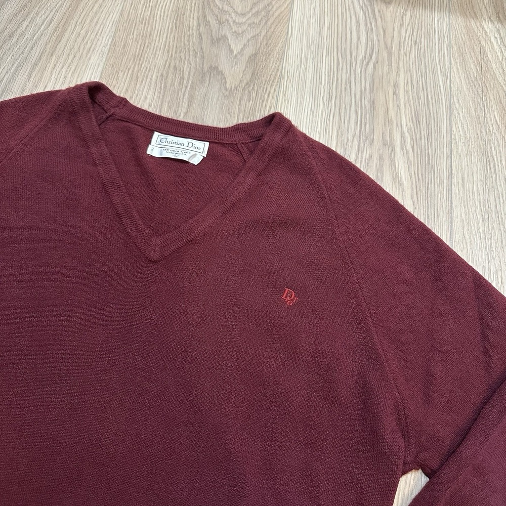 VTG Christian Dior V-Neck Sweater Women's Sz Large Burgundy Logo Preppy Acrylic - Picture 3 of 7